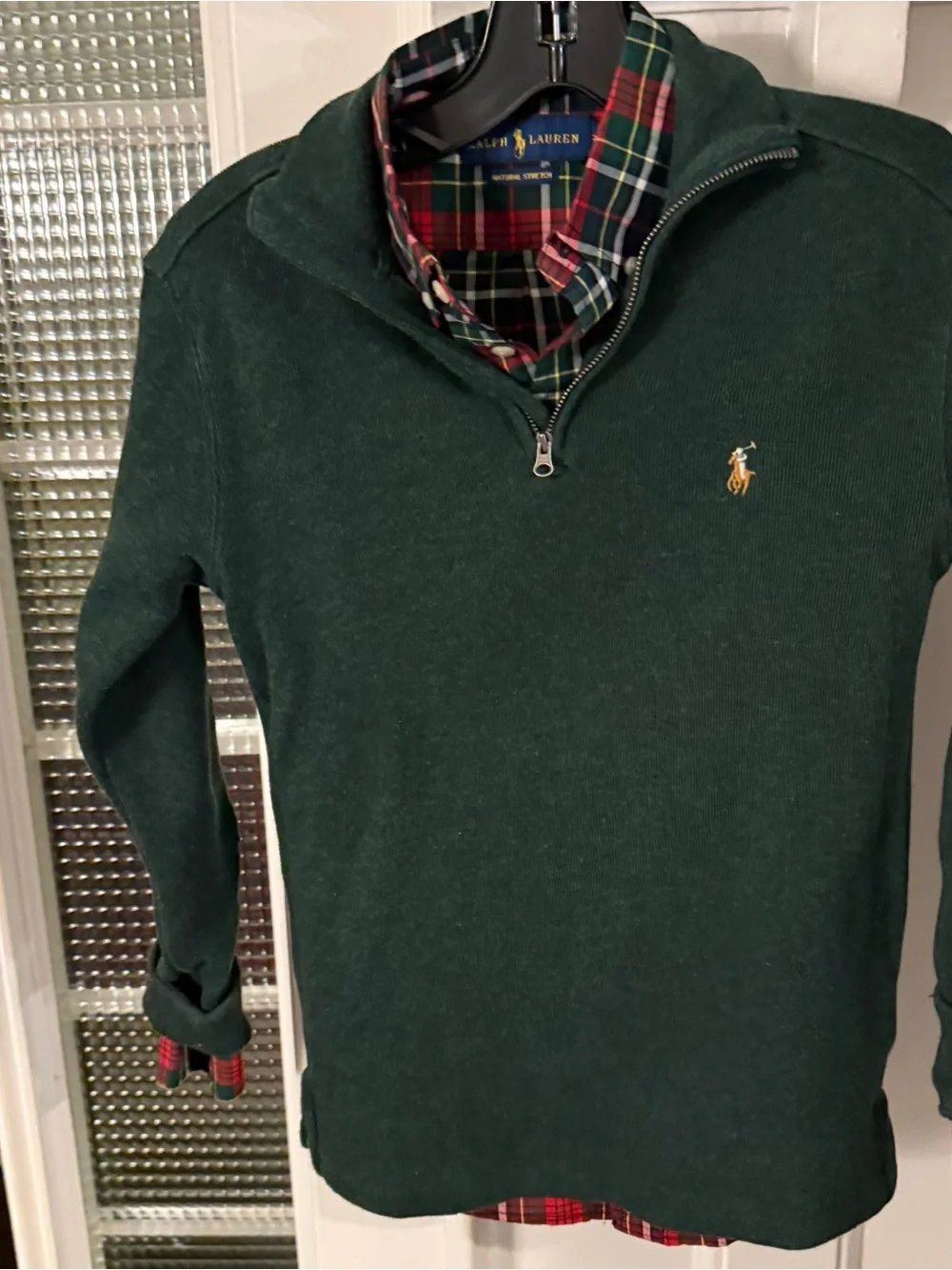 Ralph Lauren Boys 2 PCS Set Tartan Plaid Shirt 1/4 Zip Green Sweater Sz 10-12